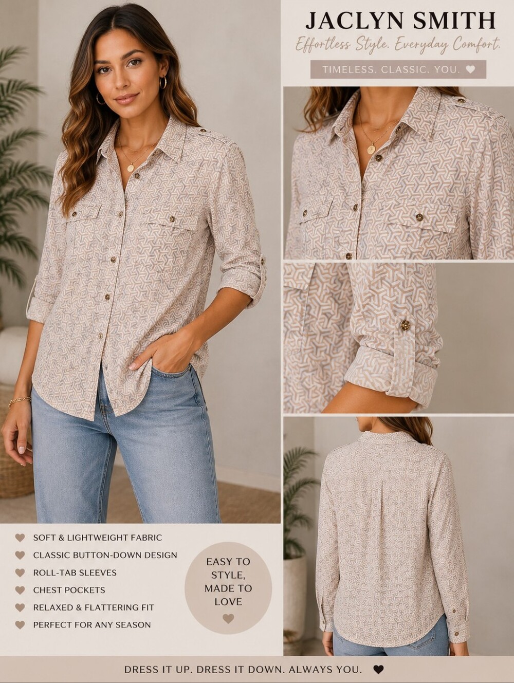 Jaclyn Smith XL Beige Geometric Print Button-Down Shirt
